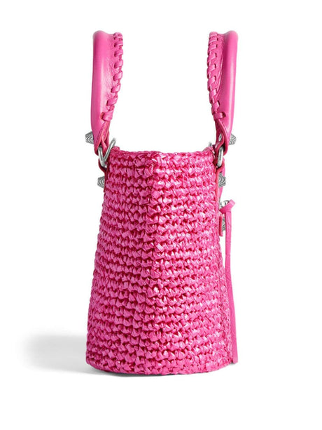 BALENCIAGA Bubblegum Pink Mini Raffia & Lambskin Tote with Detachable Strap