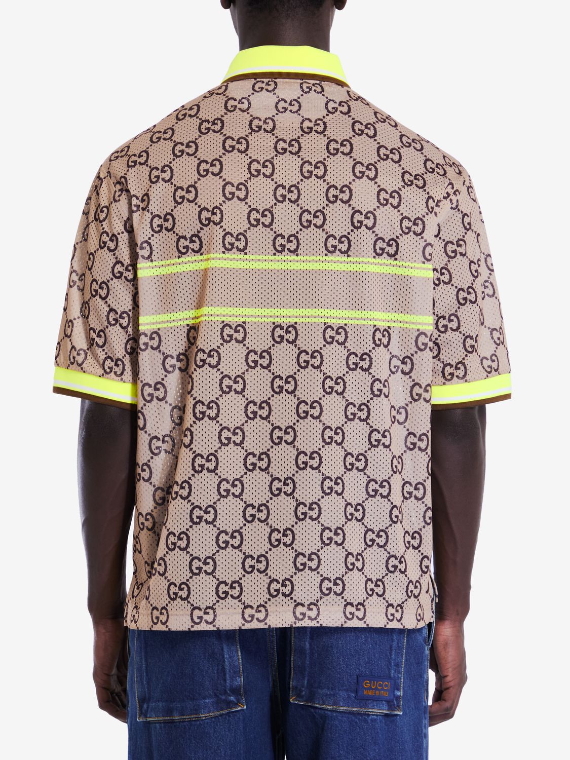 GUCCI Elegant Beige & Ebony Polo with Lime Accents