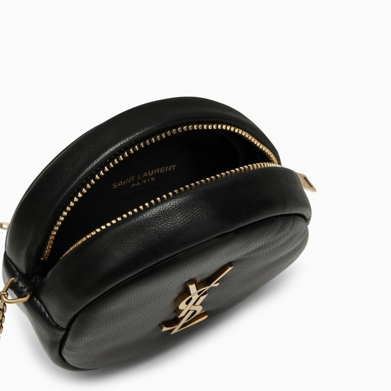 SAINT LAURENT Small Black Leather Round Crossbody Bag with Slim Chain Strap and Gold-Tone Monogram