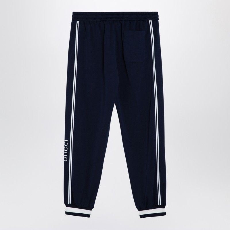 GUCCI Men's Dark Blue Technical Jogging Trousers with Striped Print