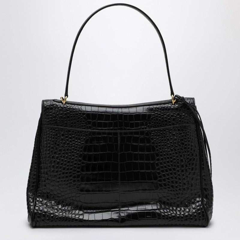 BALENCIAGA Large Croc-Print Black Calfskin Handbag