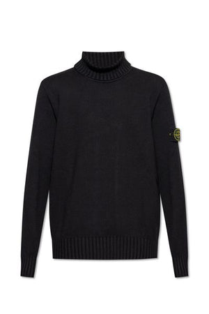 STONE ISLAND Men's Black Cotton-Blend Sweater with Removable Logo Patch