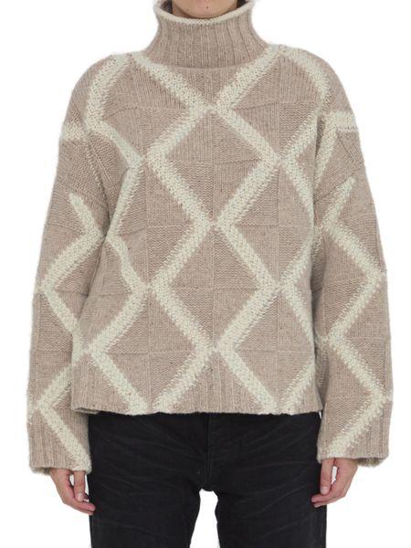 BOTTEGA VENETA Elegant Beige Wool Turtleneck Sweater with Argyle Pattern