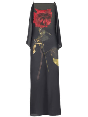 ALEXANDER MCQUEEN Black Multicolor Printed Chiffon Evening Dress for Women