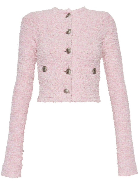 BALENCIAGA Cotton Blend Blush Pink Sweater with Logo-Embossed Buttons