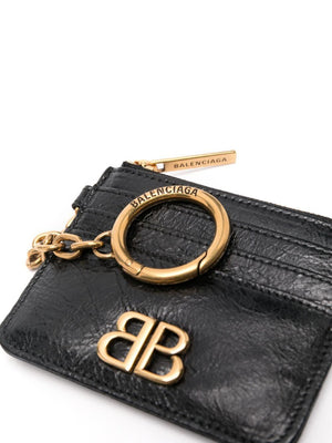 BALENCIAGA Mini Black Card Holder Zip Keychain