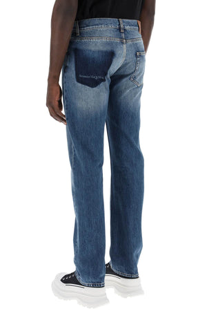 ALEXANDER MCQUEEN Men's Medium Wash Straight Leg Jeans with Distressed Look