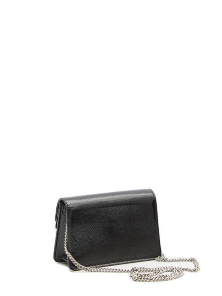 Túi Xách Đeo Chéo Mini Bằng Da Bóng Màu Đen Với Phụ Kiện Kim Loại Màu Bạc, Lót Da Lộn - Kích Thước 17.5x11x6.5 cm