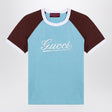 GUCCI Light Blue and Brown Logo Crew-Neck T-Shirt for Women