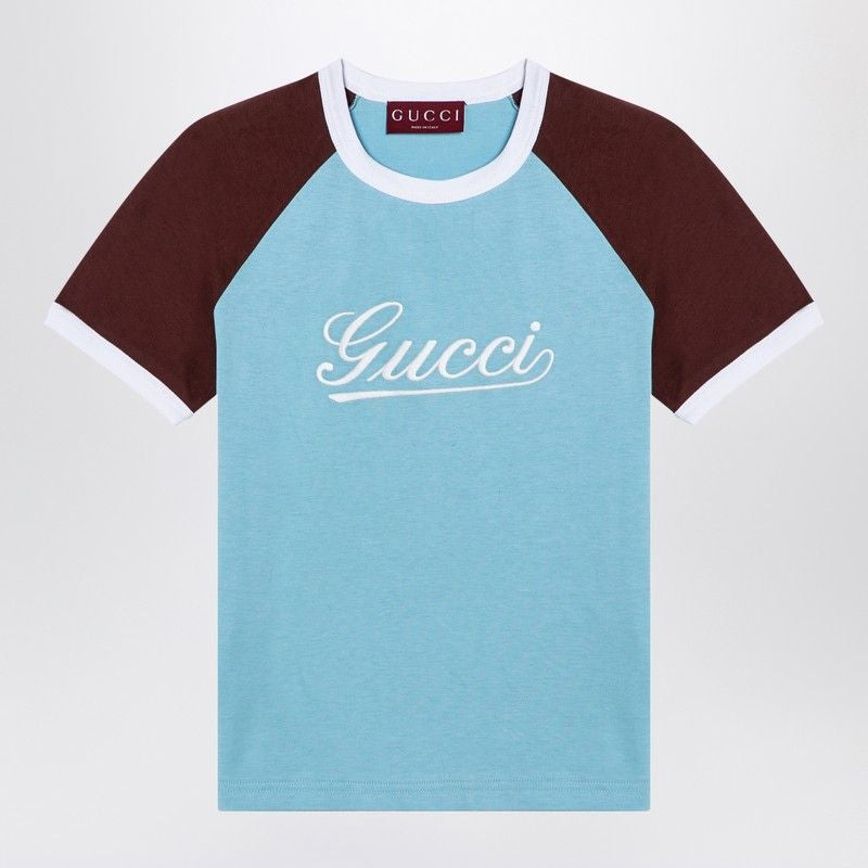 GUCCI Light Blue and Brown Logo Crew-Neck T-Shirt for Women