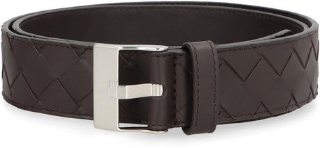 BOTTEGA VENETA Intrecciato Detail Belt with Silver-Tone Buckle - 3.5 cm Width