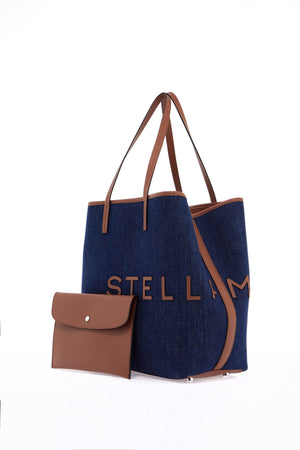 STELLA MCCARTNEY Dark Wash Denim Tote Handbag with Logo Branding