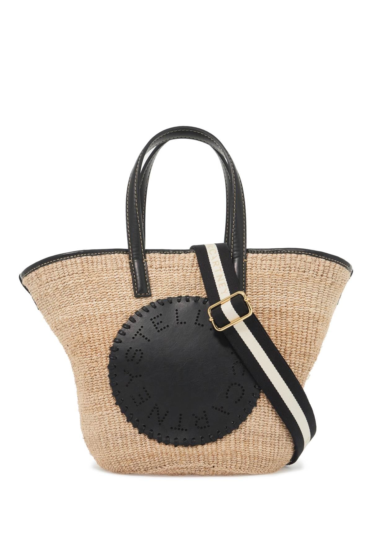 STELLA MCCARTNEY Beige Woven Raffia Shoulder Handbag with Perforated Faux Leather Logo