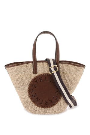 STELLA MCCARTNEY Beige Woven Raffia Shoulder Handbag with Perforated Faux Leather Logo