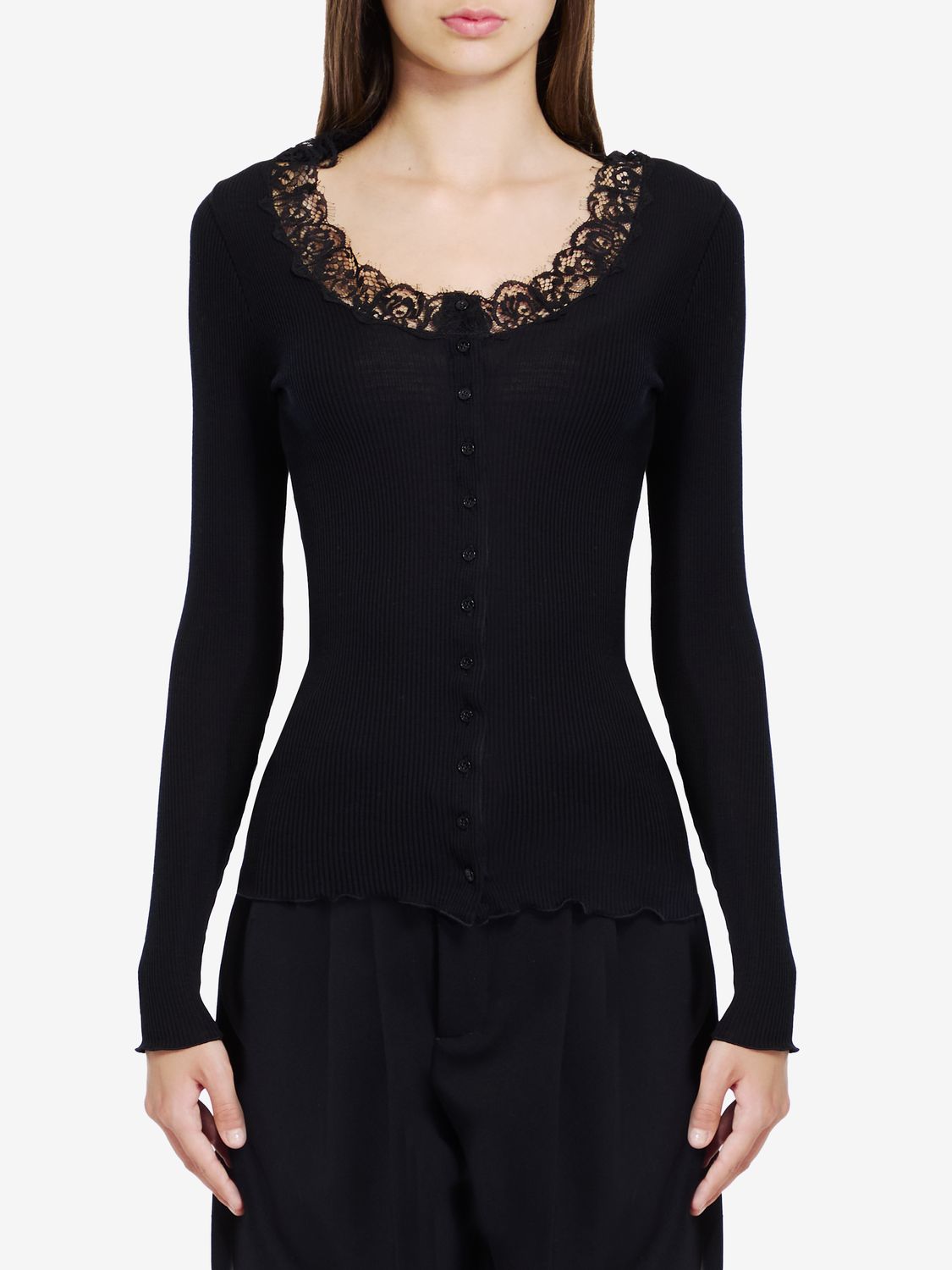 SAINT LAURENT Elegant Black Lace-Trim Wool-Silk Cardigan