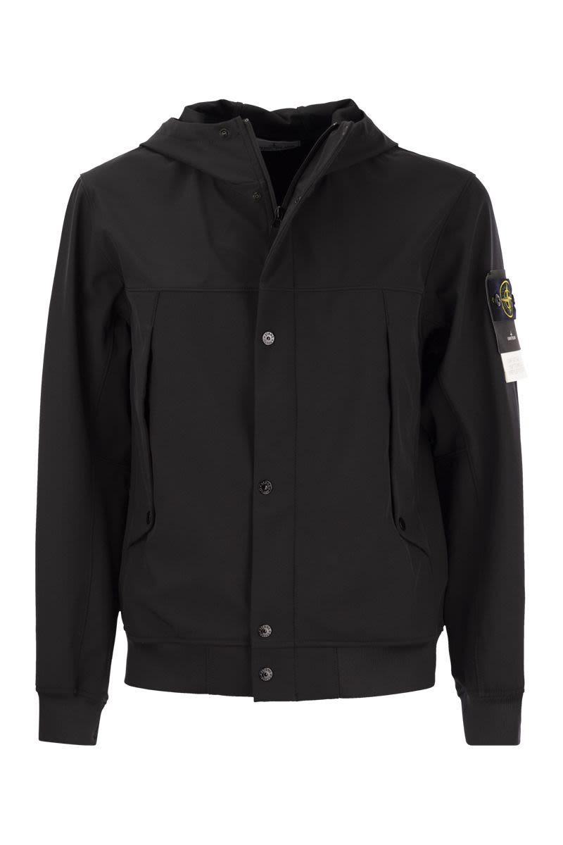 STONE ISLAND Men's Black Techno Fabric Jacket with Removable Logo Patch, Ribbed Edges and Two Side Pockets