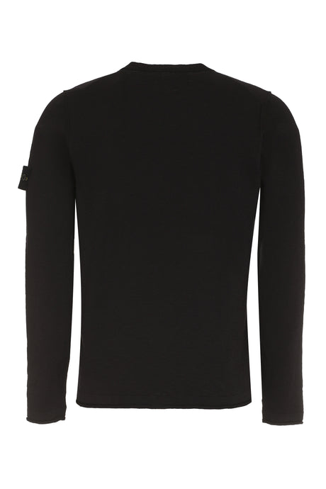 STONE ISLAND Men's Black Crew-Neck Sweater with Removable Logo Patch and Ribbed Knit Edges