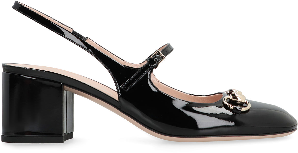 GUCCI Adjustable Patent Leather Slingback Pumps