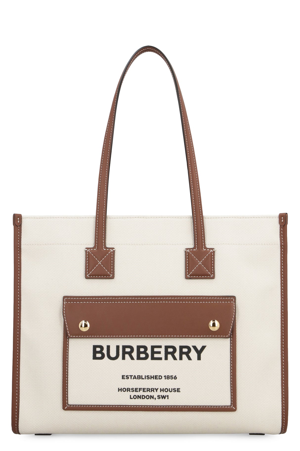 BURBERRY Freya Small Tan Cotton Canvas Tote with Leather Accents and Magnetic Closure