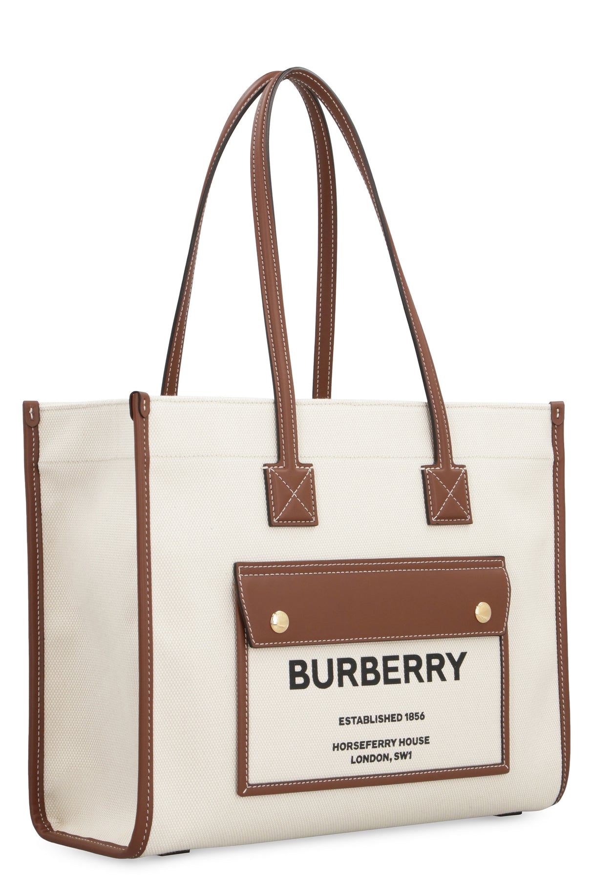 BURBERRY Canvas Tote Handbag with Leather Details and Front Flap Pocket