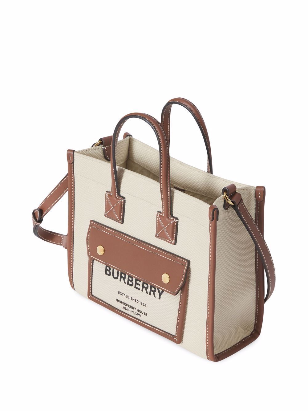 BURBERRY Mini Natural Tote Handbag with Brown Leather Trim