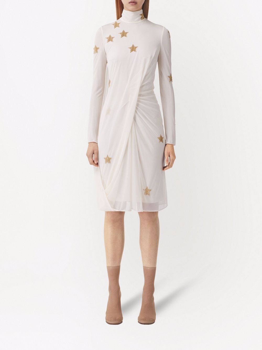 BURBERRY High Neck Long Sleeve Silk Dress with Gold Stars