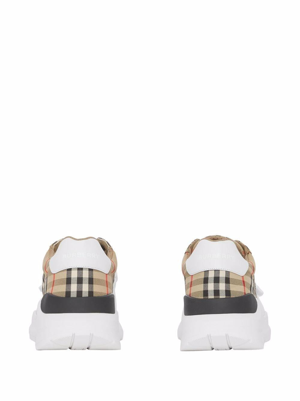 Giày Sneakers Thấp Màu Be, Da và Vải Nam với Dải Velcro Phía Trước và Họa Tiết Vintage Check