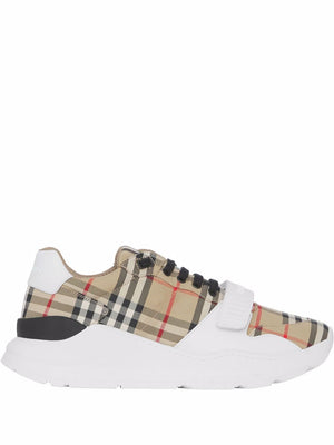 BURBERRY Organic Cotton Beige and White Check Pattern Low-Top Sneaker for Men