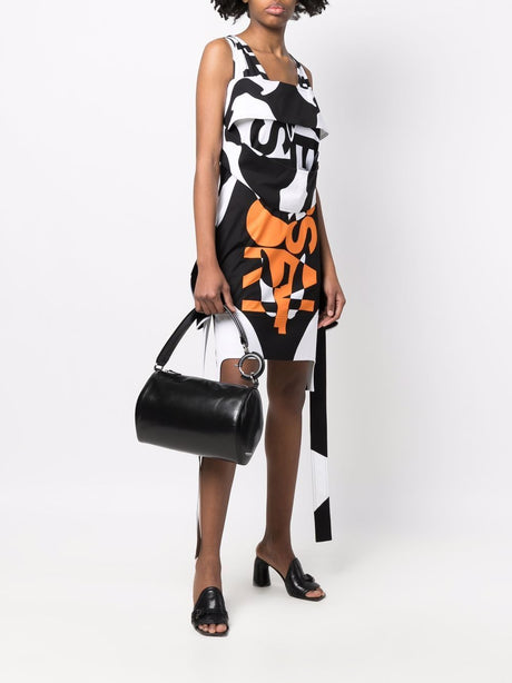 BURBERRY Black and White Printed Sleeveless Dress with Orange Fringe Details