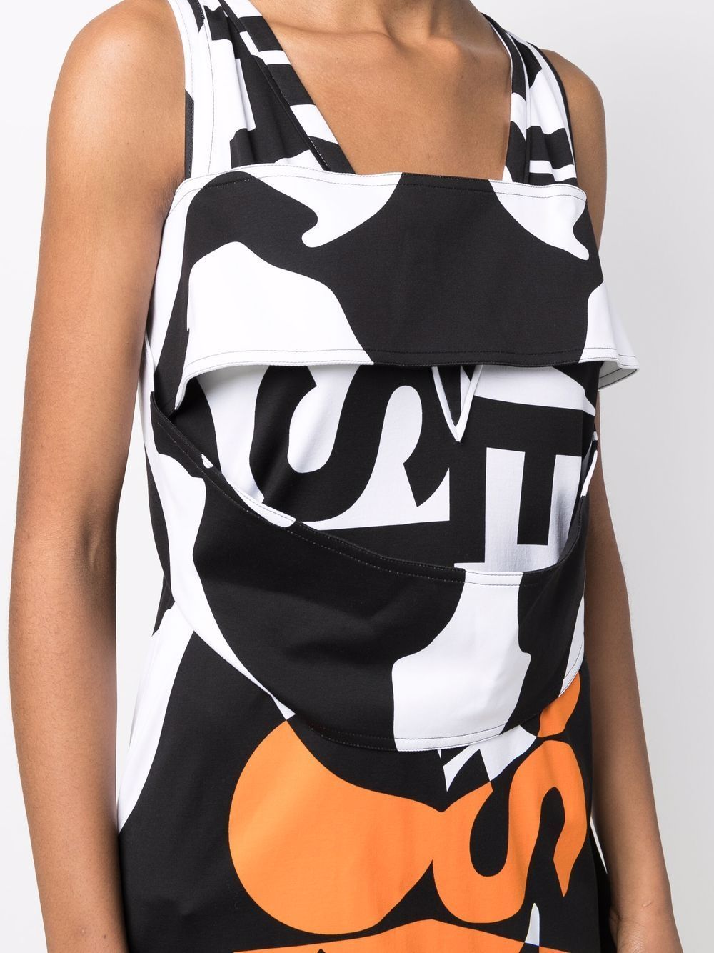 BURBERRY Black and White Printed Sleeveless Dress with Orange Fringe Details