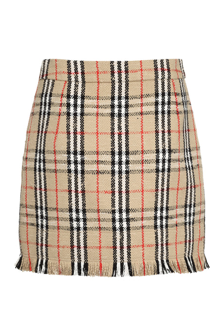 Beige Bouclé Wool Skirt with Check Motif and Fringed Hemline