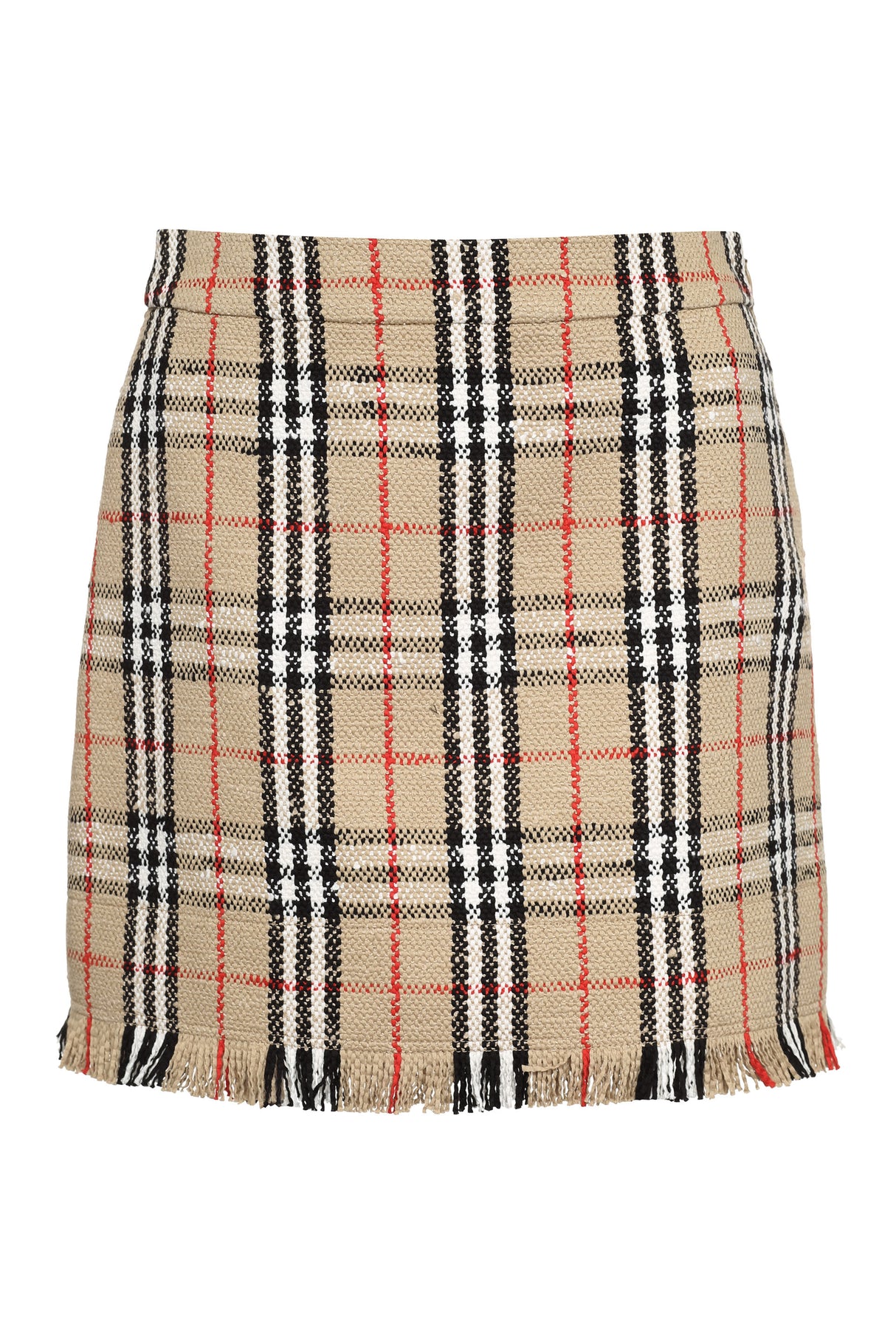Beige Bouclé Wool Skirt with Check Motif and Fringed Hemline