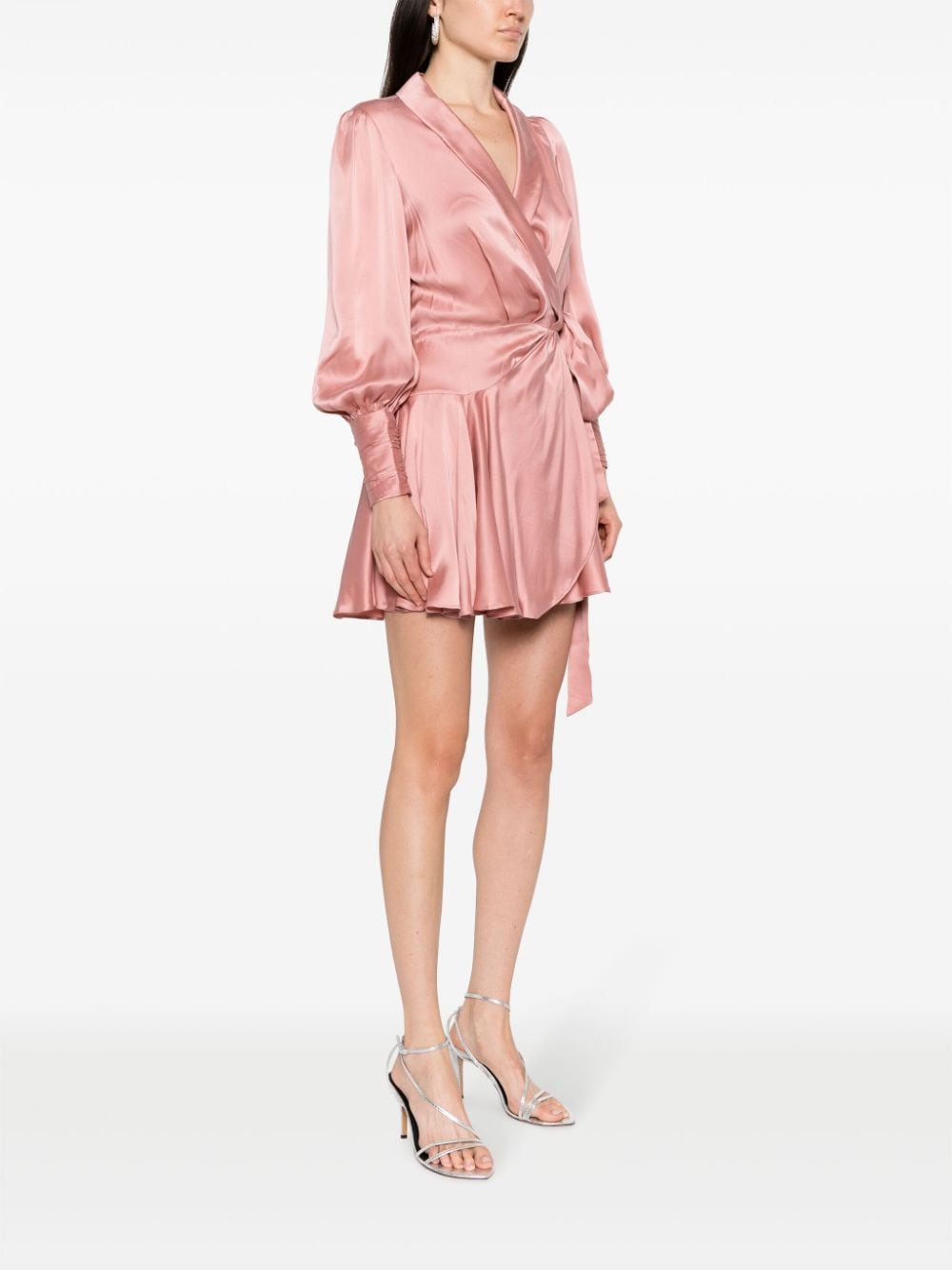 ZIMMERMANN Powder Pink Silk Wrap Dress with Long Sleeves and Scarf Lapels