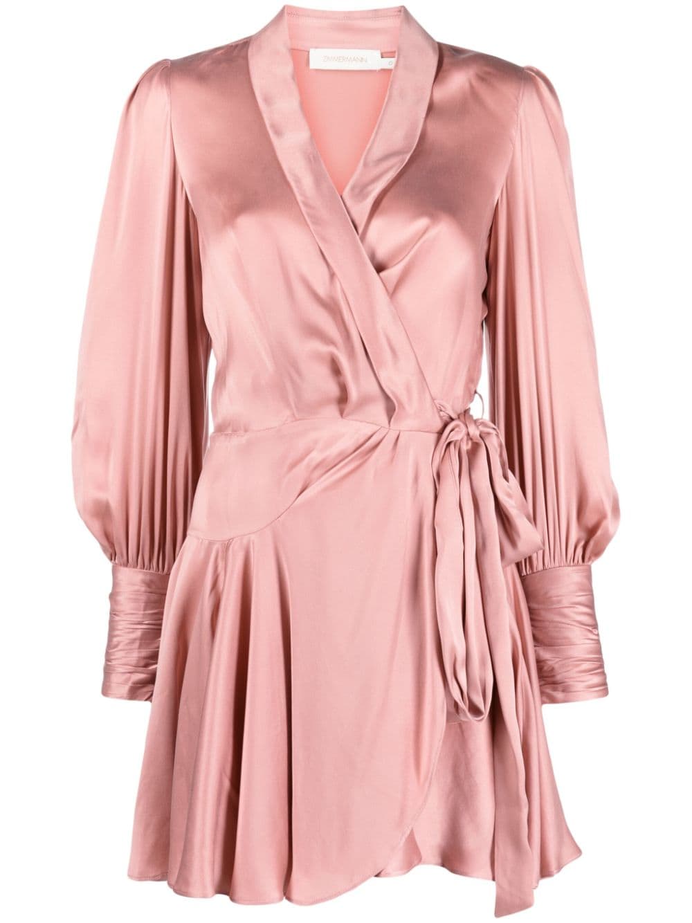 ZIMMERMANN Powder Pink Silk Wrap Dress with Long Sleeves and Scarf Lapels