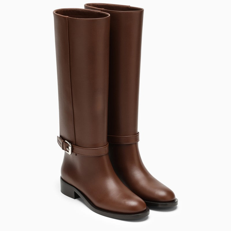 BURBERRY Women's Brown High Leather Boots with Round Toe and Buckle Detail in FW23 Season