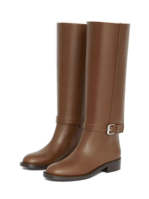 BURBERRY Brown Calfskin Boots with Buckle Strap and Embossed Logo, 3.5cm Heel Height, ITA Size - Fall/Winter 2024