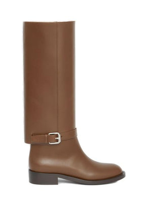 BURBERRY Brown Calfskin Boots with Buckle Strap and Embossed Logo, 3.5cm Heel Height, ITA Size - Fall/Winter 2024