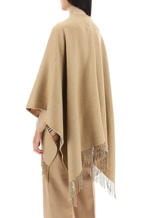 Woolen Short Cape with Burberry Check Pattern and Fringes