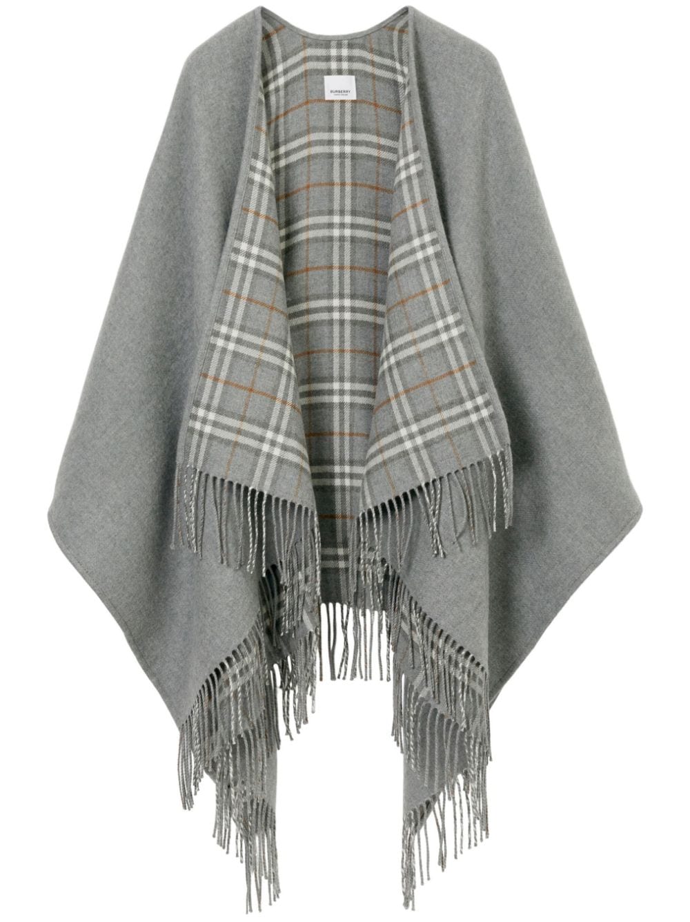 BURBERRY Reversible Wool Cape with Check Print and Fringed Edges