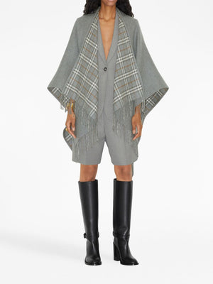 BURBERRY Reversible Wool Cape with Check Print and Fringed Edges