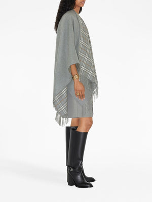 BURBERRY Reversible Wool Cape with Check Print and Fringed Edges