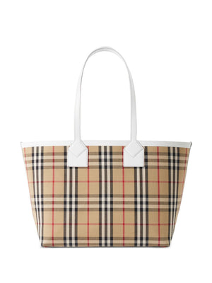 BURBERRY Vintage Check Beige Mini Tote with Leather Trims and Removable Pouch