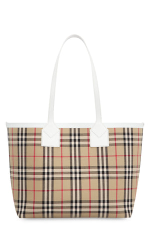 BURBERRY Chic Tan Check Canvas Tote with Leather Accents and Removable Clutch, Small - FW23