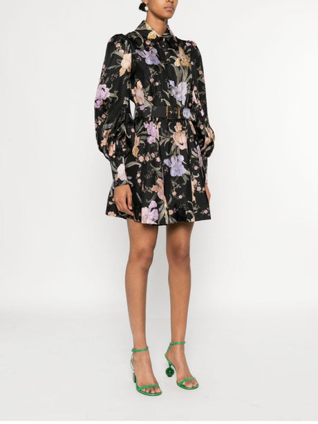 ZIMMERMANN Floral Printed Silk Twill Mini Dress with Puff Sleeves