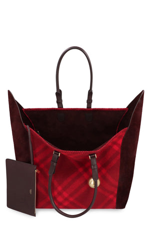 BURBERRY Large Red Tote with Suede Inserts and Check Design, Charm Detail, and Gold-Tone Accents - 49x49x25 cm