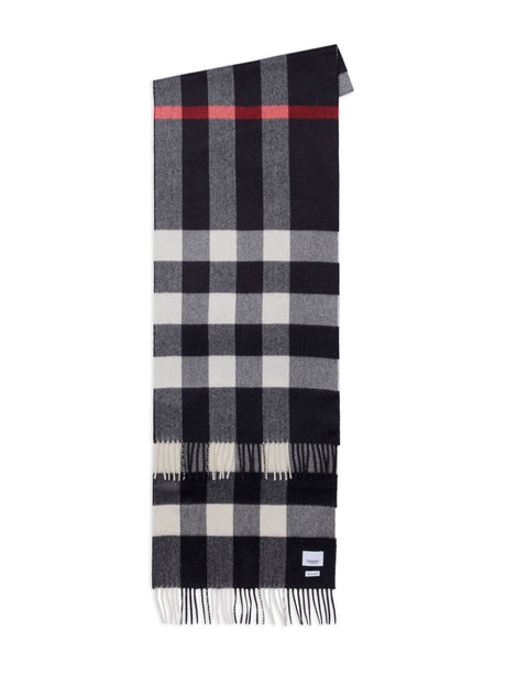 BURBERRY Navy Blue and White Check Cashmere Scarf with Fringed Edges