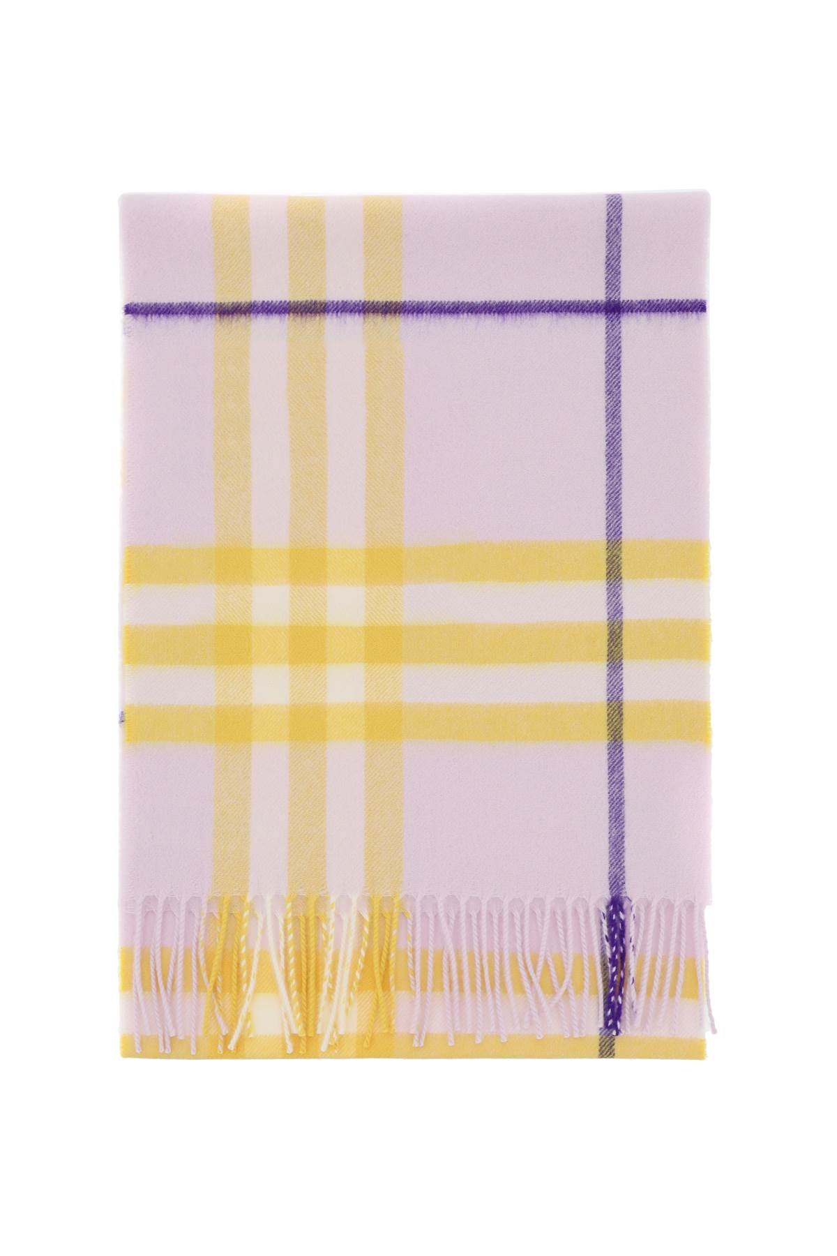 BURBERRY Checkered Fringed Cashmere Scarf in Sunflower Yellow and Lilac Purple