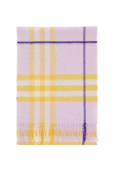 BURBERRY Checkered Fringed Cashmere Scarf in Sunflower Yellow and Lilac Purple