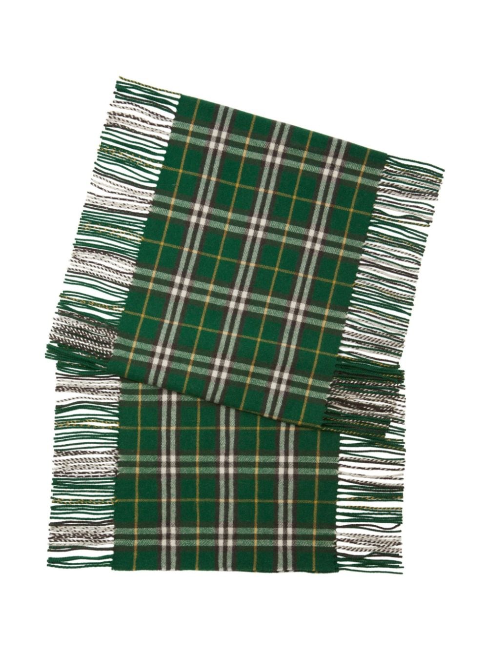 BURBERRY Green Checkered Cashmere Scarf with Fringed Edges