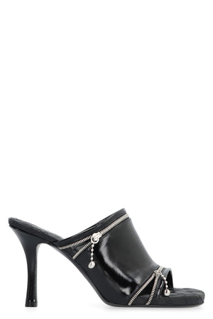 BURBERRY Black Shiny Leather Square Toe Sandal with Decorative Zips, High Stiletto Heel, Equestrian Logo Insole and Leather Sole